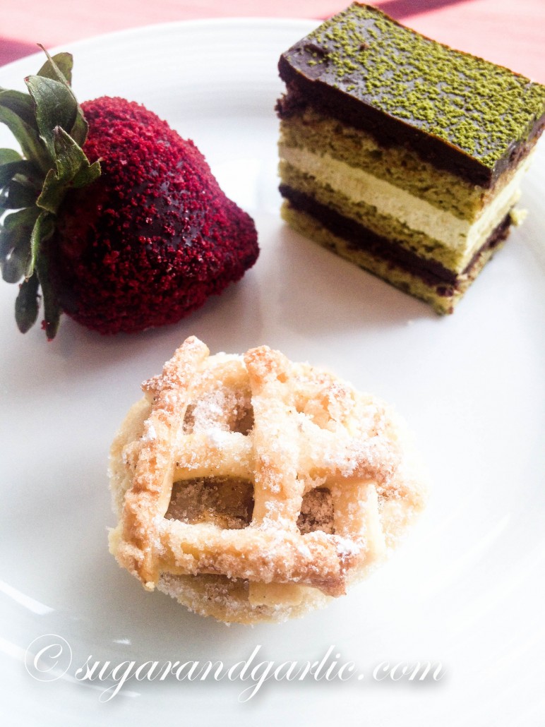 chocolate covered strawberry, green tea, opera cake, petite apple pie