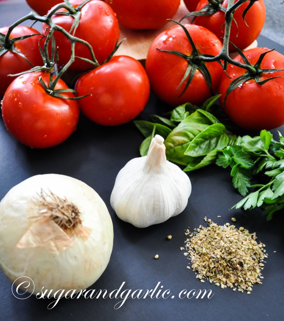tomatoes, garlic, onions, oregano, basil, parsley