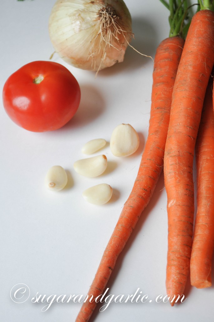Root vegetables: carrot, onion, garlic, tomato