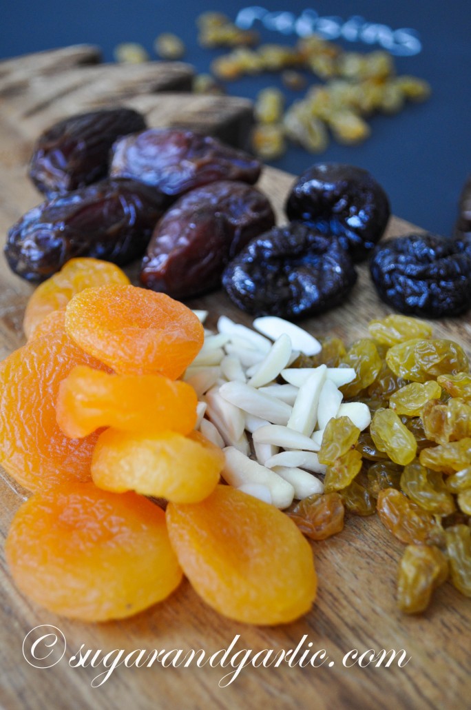 apricots, prunes, dates, raisins, and almonds