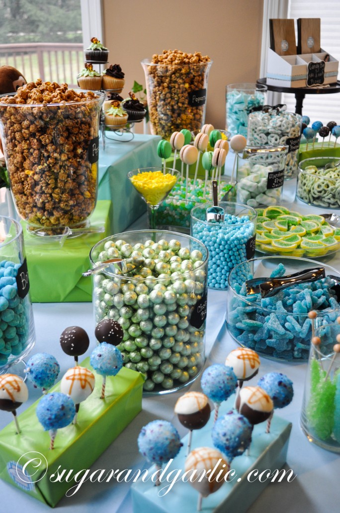 blue and green dessert table